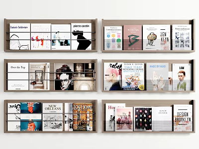 Stylish Books and Magazines with Modern Covers Arranged on Display Shelves 3d model