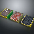 Three Yellow Bordered Boxes Containing Gray Granular Red White Strips And Black Round Objects 3d model