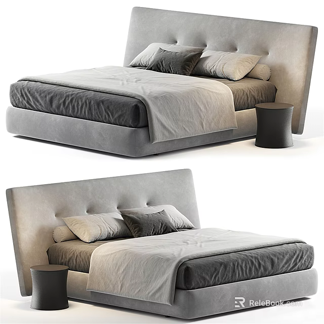 Modern Gray Double Bed With Upholstered Headboard Soft Pillows And Side Table 3d model