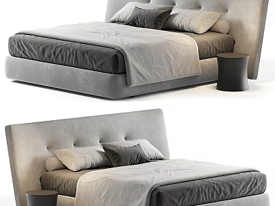 Modern Gray Double Bed With Upholstered Headboard Soft Pillows And Side Table 3d model