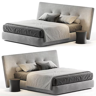 Modern Gray Double Bed With Upholstered Headboard Soft Pillows And Side Table 3d model