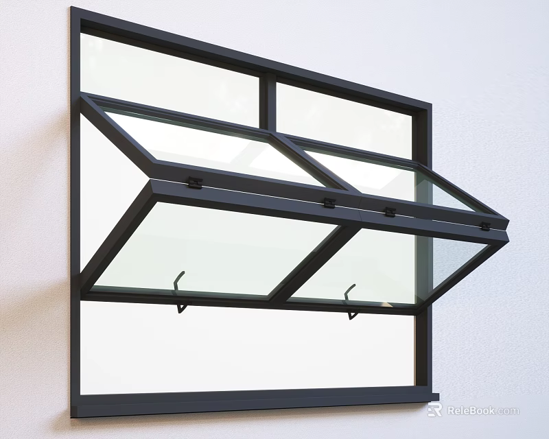 Open Glass Window With Black Frame And Two Metal Hooks Design 3d model
