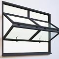 Open Glass Window With Black Frame And Two Metal Hooks Design 3d model