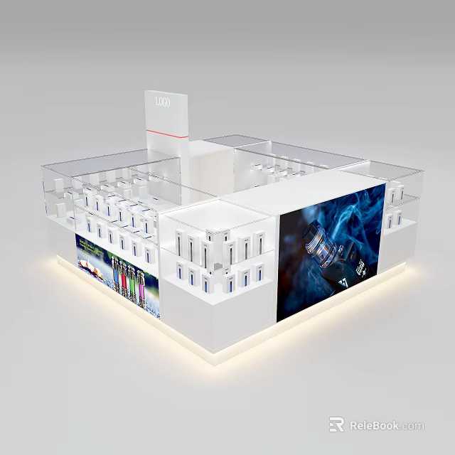 Modern Display Shelves With Transparent Glass White Design LED Lighting Display Compartments And Large Screen Background 3d model 