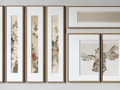 Chinese Traditional Landscape Paintings Framed in White and Gold for Wall Decor 3d model