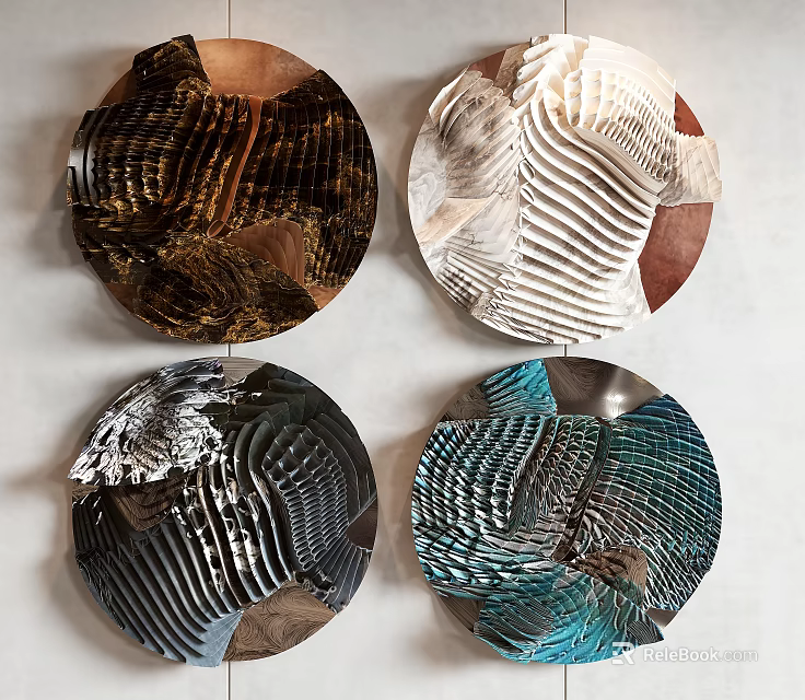 Modern Round Textured Wall Decor with Metallic Wave Patterns in Brown White Silver Blue Green 3d model 