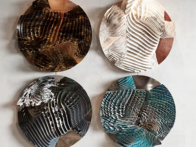 Modern Round Textured Wall Decor with Metallic Wave Patterns in Brown White Silver Blue Green 3d model