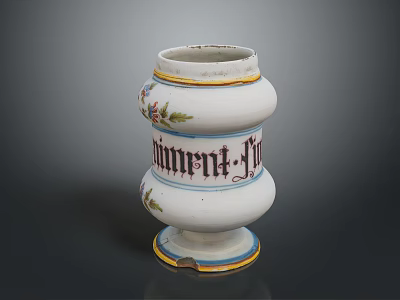 Floral Sculpture Carving on White Vase with Blue and Yellow Edges and Black Lettering Himput-F 3d model