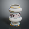 Floral Sculpture Carving on White Vase with Blue and Yellow Edges and Black Lettering Himput-F