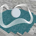 Modern Landscape Sculpture With Curved Metal Structure And Spherical Center On Tile Floor