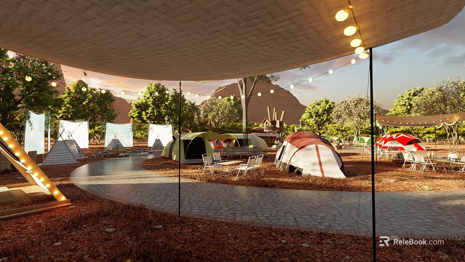 Scenic Camping Site Featuring Multiple Tents Trees String Lights Tables Chairs And Mountain View 3d model 