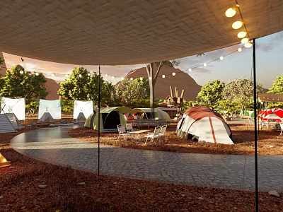 Scenic Camping Site Featuring Multiple Tents Trees String Lights Tables Chairs And Mountain View 3d model