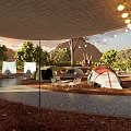 Scenic Camping Site Featuring Multiple Tents Trees String Lights Tables Chairs And Mountain View