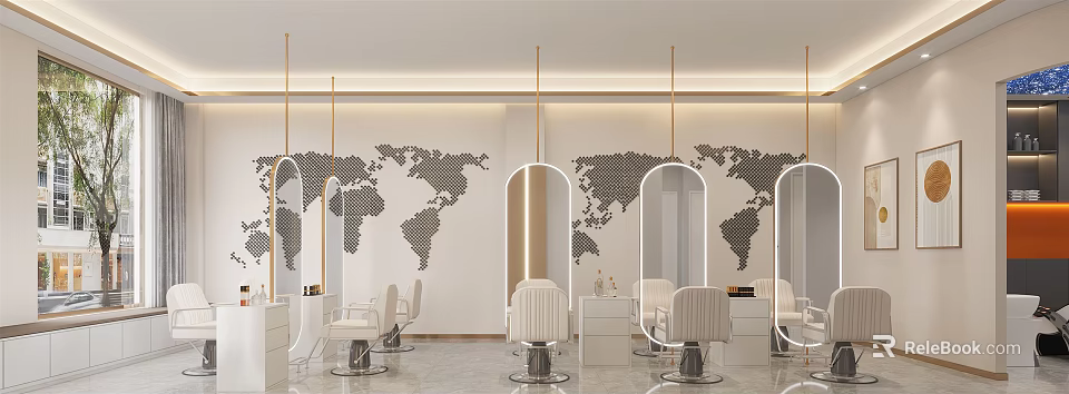 Modern Hair Salon Interior With World Map Wall Decor Arched Mirrors And White Salon Chairs 3d model 