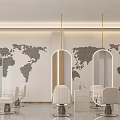 Modern Hair Salon Interior With World Map Wall Decor Arched Mirrors And White Salon Chairs