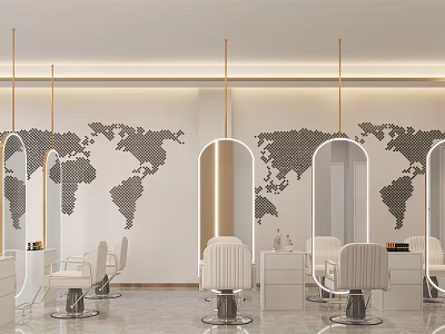 Modern Hair Salon Interior With World Map Wall Decor Arched Mirrors And White Salon Chairs 3d model