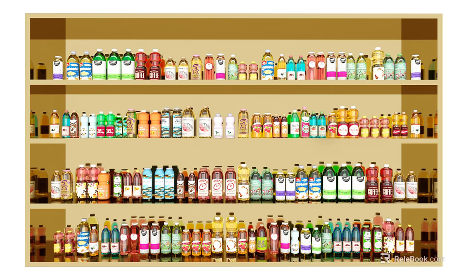 Display of Various Wine Bottles in Different Colors and Shapes on Multiple Shelves 3d model 