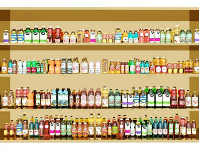 Display of Various Wine Bottles in Different Colors and Shapes on Multiple Shelves 3d model