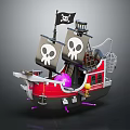 Pirate Ship With Skull Flags Black Flag Red Hull Cage Purple Ball And Yellow Figure