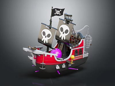 Pirate Ship With Skull Flags Black Flag Red Hull Cage Purple Ball And Yellow Figure 3d model