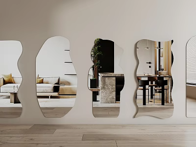 Wall Mounted Irregular Mirrors Reflecting Living Room With Sofa And Plants 3d model