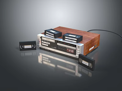 Vintage Cassette Player With Wooden Panel And Cassette Tapes On Reflective Surface 3d model