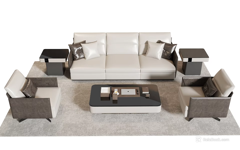 Modern Leather Sofa and Coffee Table Set With Accent Chairs Side Tables and Throw Pillows 3d model