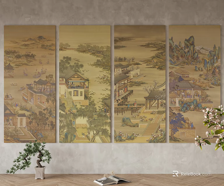Chinese Landscape Paintings Four Panel Wall Decor Indoor 3d model