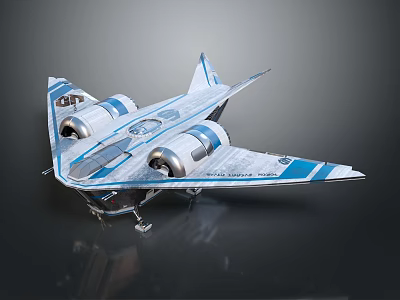 Detailed Sci Fi Aircraft Model Featuring Silver Body Blue Stripes And Twin Engines 3d model