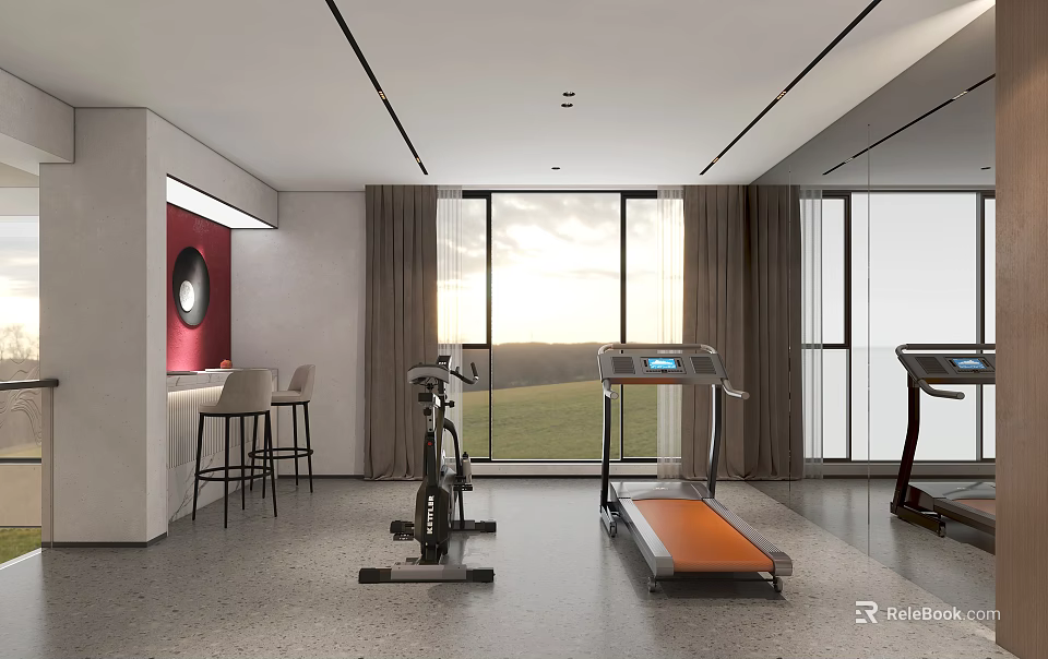 Modern Home Gym Interior With Treadmill Exercise Bike Bar Counter And Green Field View 3d model 