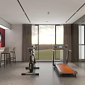 Modern Home Gym Interior With Treadmill Exercise Bike Bar Counter And Green Field View