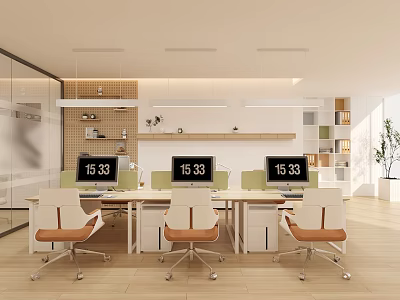 Modern Public Office Space Featuring Desks With Computer Monitors Ergonomic Chairs Open Layout And Greenery 3d model