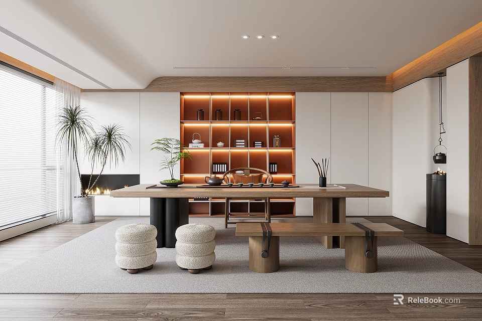 Modern Tea Room With Wooden Table Stools And Shelves 3d model