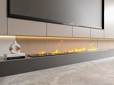 Modern Living Room Linear Fireplace With Burning Flames TV Above And White Vase 3d model