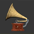 Vintage Gramophone With Golden Horn Red Base And Decorative Patterns