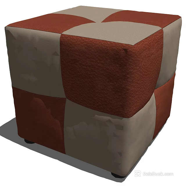 Brown and Beige Checkerboard Pattern Leather Ottoman with Square Design and Wheels 3d model 