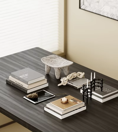 Stacked Books And Magazines On Dark Wooden Tabletop With Gray Decor Knitted Rope And Candles 3d model