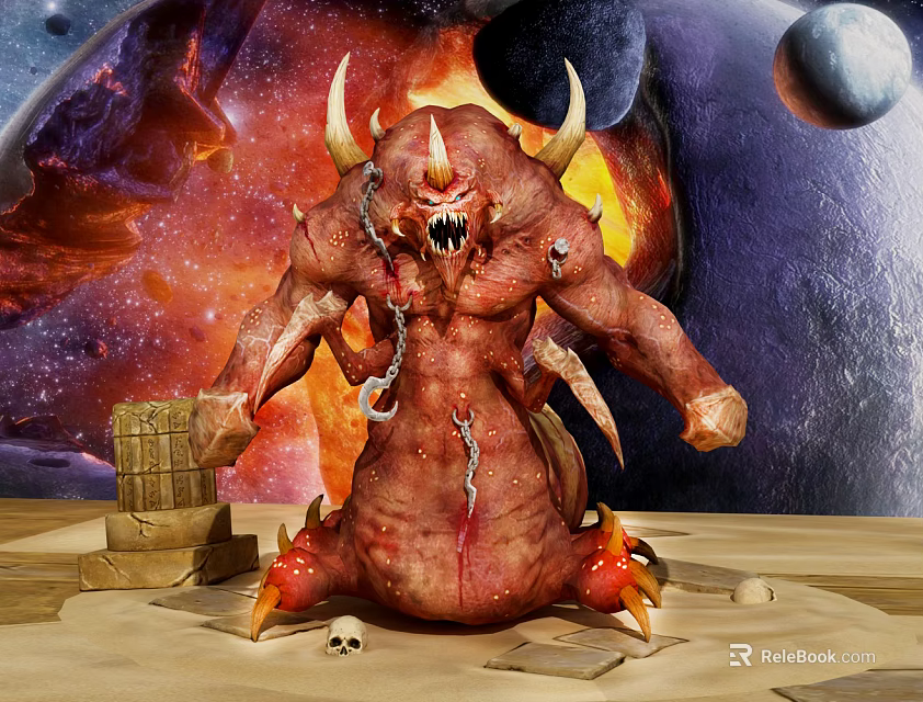Game And Movie Monster Character With Red Skin Horns Sharp Claws And Fiery Cosmic Background 3d model 