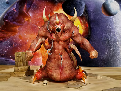 Game And Movie Monster Character With Red Skin Horns Sharp Claws And Fiery Cosmic Background 3d model