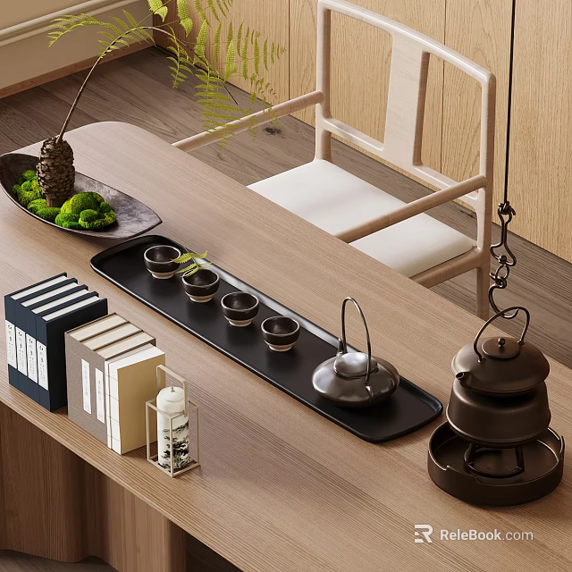 Traditional Tea Set With Teapot Cups And Wooden Tray On Table With Greenery 3d model 