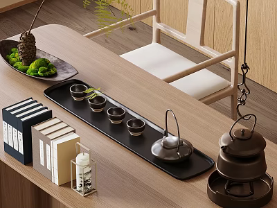 Traditional Tea Set With Teapot Cups And Wooden Tray On Table With Greenery 3d model