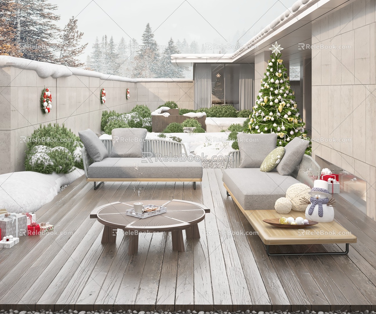 Single-family small courtyard plywood outdoor sofa combination Christmas ornaments 3d model