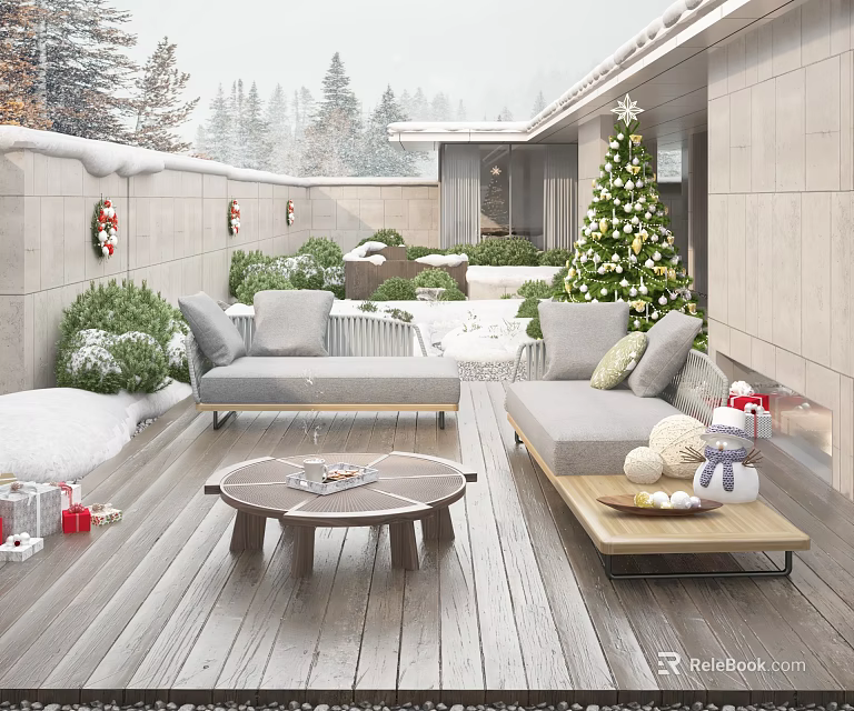 Detached Villa Wooden Winter Deck With Christmas Tree Snow Sofa Gift Boxes And Decor 3d model 