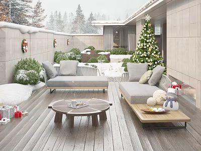 Detached Villa Wooden Winter Deck With Christmas Tree Snow Sofa Gift Boxes And Decor 3d model