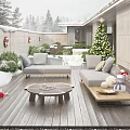 Detached Villa Wooden Winter Deck With Christmas Tree Snow Sofa Gift Boxes And Decor