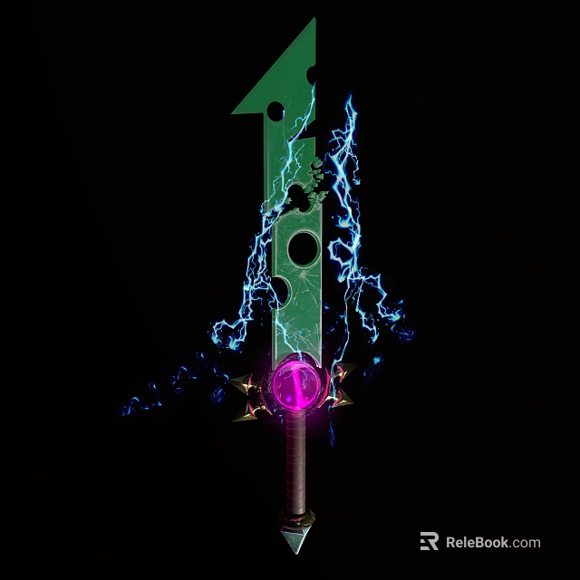 Mystical Green Weapon With Blue Lightning And Purple Light Orb 3d model 