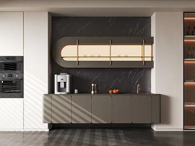 Modern Sideboard With Gray Cabinetry Black Marble Backdrop Curved Glass Cabinet Coffee Machine And Fruits 3d model