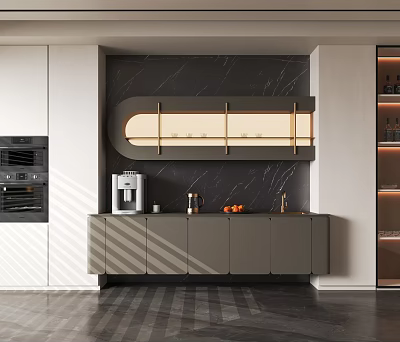 Modern Sideboard With Gray Cabinetry Black Marble Backdrop Curved Glass Cabinet Coffee Machine And Fruits 3d model