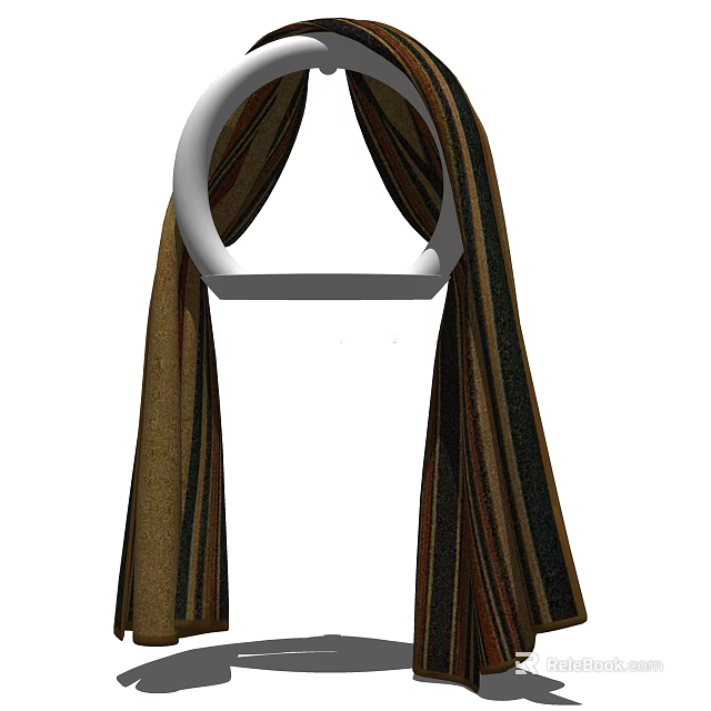 Striped Towel with Brown Black and Beige Colors Hanging on White Circular Hook 3d model 