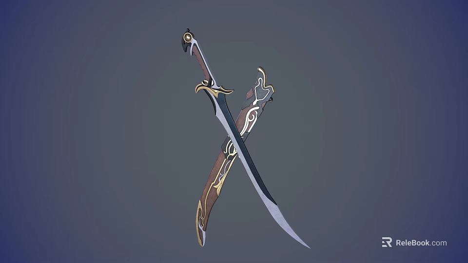 Artistic Crossed Swords with Golden Decorations and Intricate Hilt Patterns 3d model 